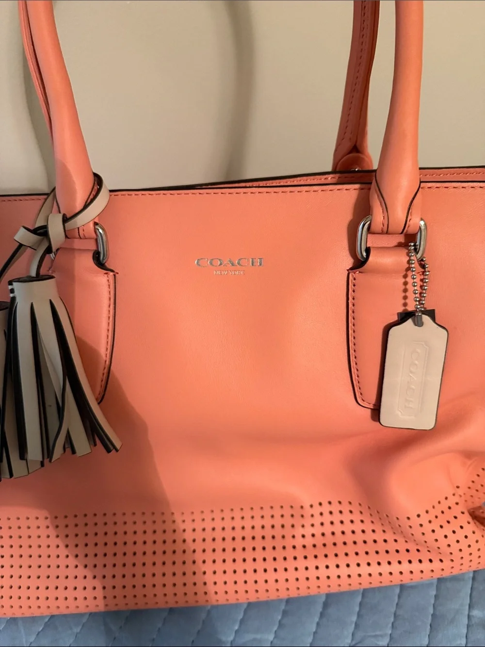 Coach Coral Perforated Leather Tote with Tassel Charm